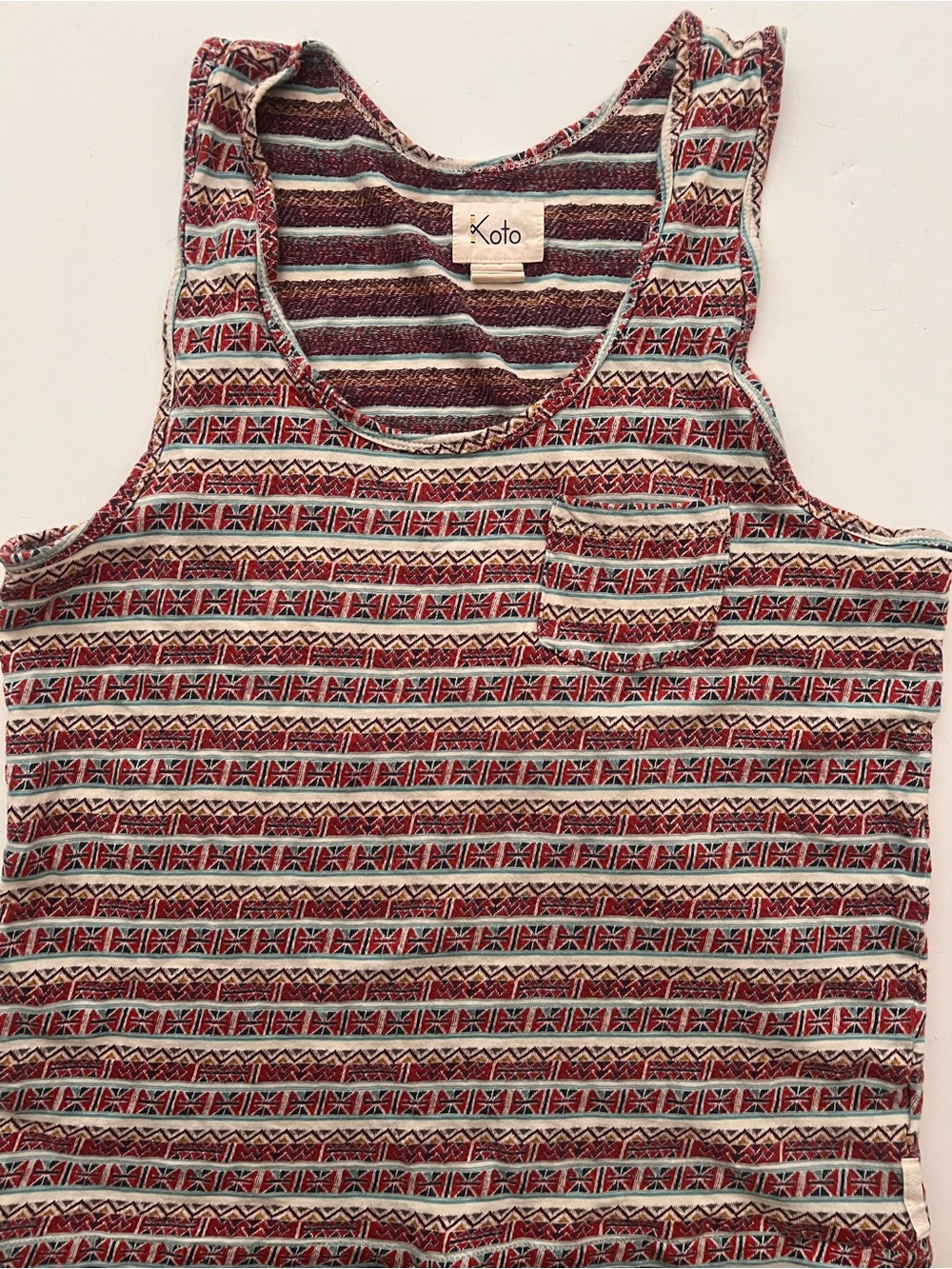 Koto 100% Cotton Striped Tribal Print Tank Top in Red and Cream